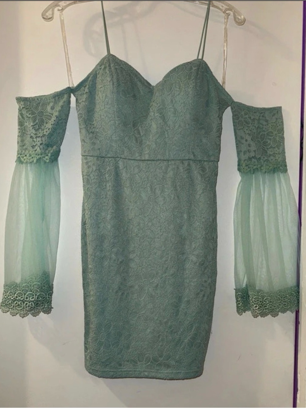 Entry Sage Green One-Shoulder Lace Dress with Sheer Bell Sleeves